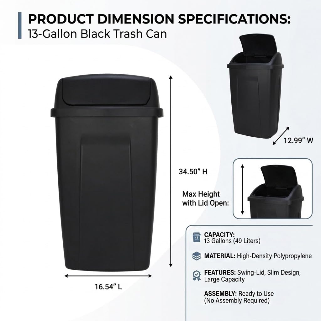 13-Gallon Black Plastic Kitchen Trash Can with Swing Top Lid - Image 2