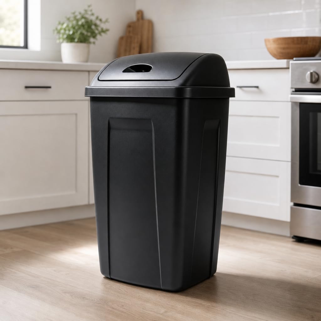 13-Gallon Black Plastic Kitchen Trash Can with Swing Top Lid