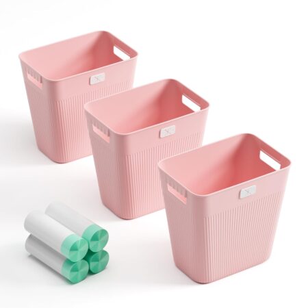 3-Pack 2.2-Gallon Pink Slim Plastic Wastebasket with 4 Bag Rolls