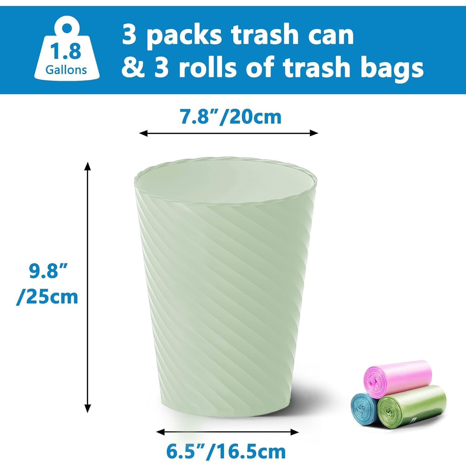 3-Pack 1.8-Gallon Small Bathroom Trash Can with Bags - Image 2