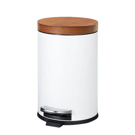 1.2-Gallon Round Step Trash Can with Bamboo Lid and Inner Bucket, White