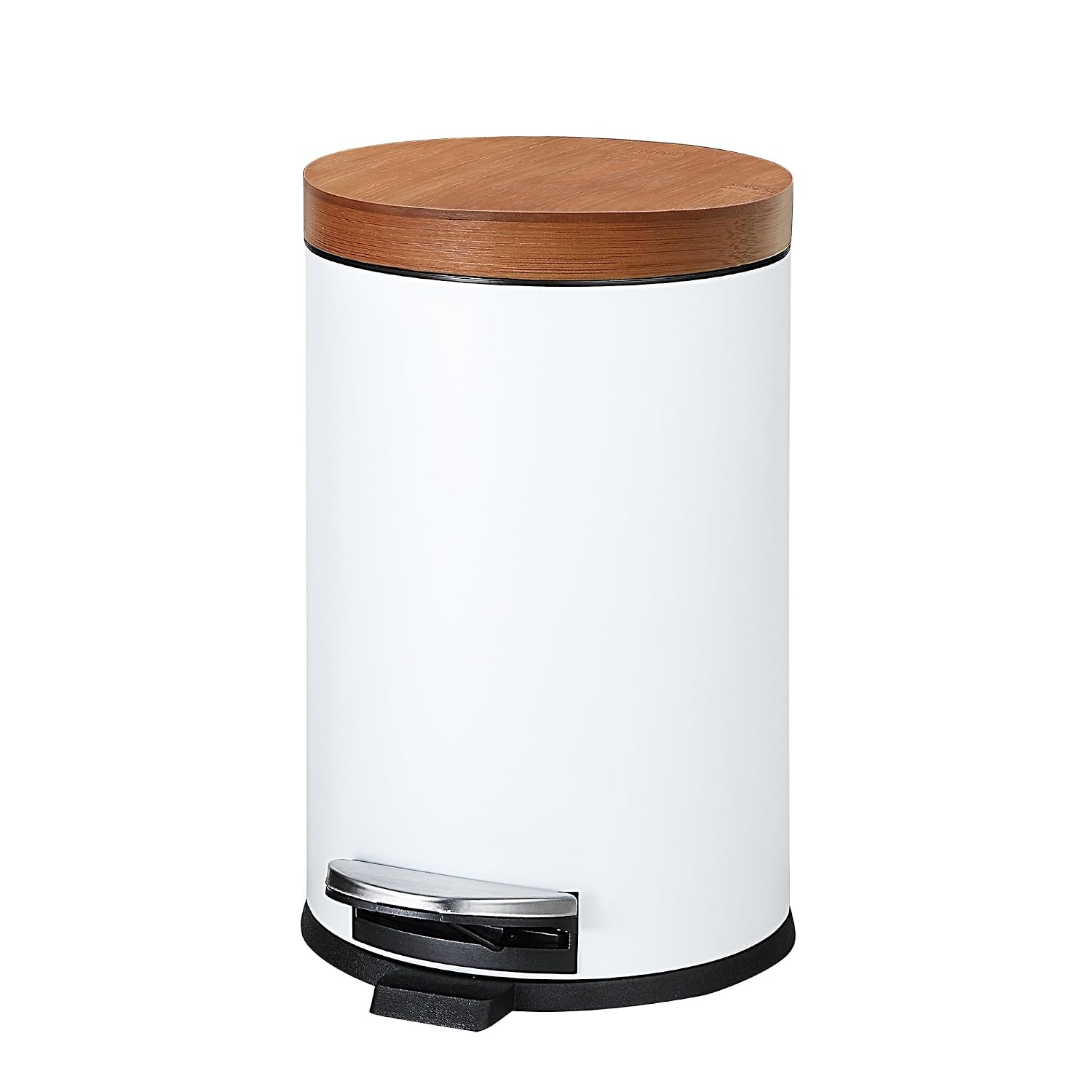 1.2-Gallon Round Step Trash Can with Bamboo Lid and Inner Bucket, White
