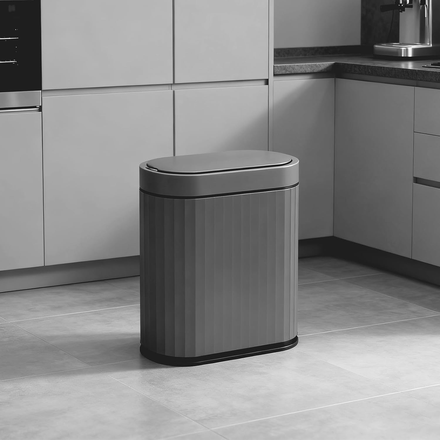 2-Gallon Cement Grey Black Bathroom Trash Can with Automatic Lid