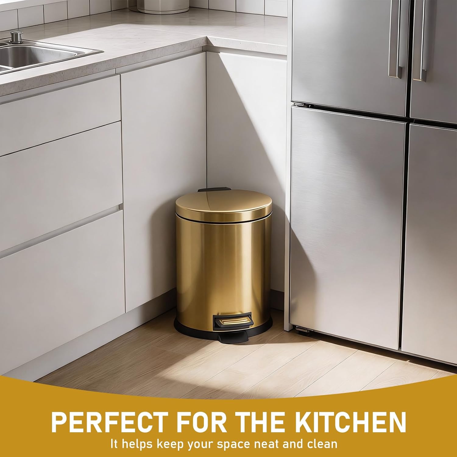 2-Piece 1.3-Gallon Gold Oval Bathroom Trash Can with Soft-Close Lid and Pedal - Image 2