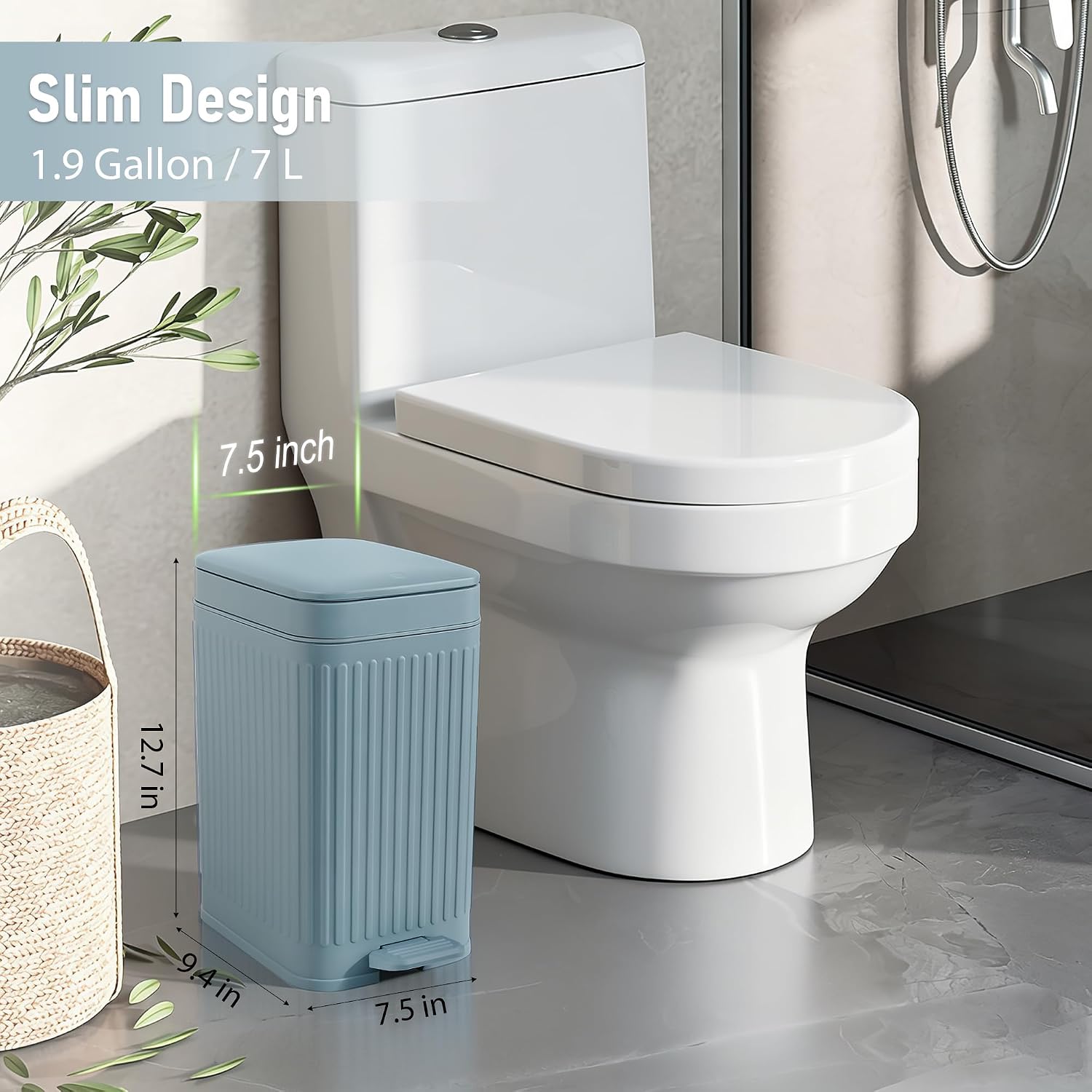 1.9-Gallon Blue Slim Soft-Close Step Bathroom Trash Can - Image 2