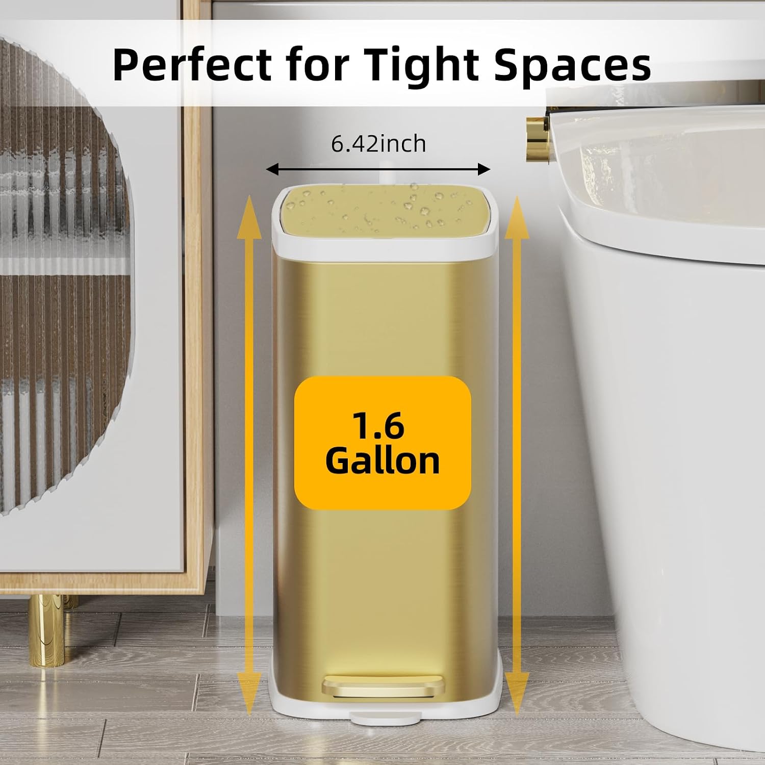1.6-Gallon Champagne Gold Slim Step Bathroom Trash Can - Image 2