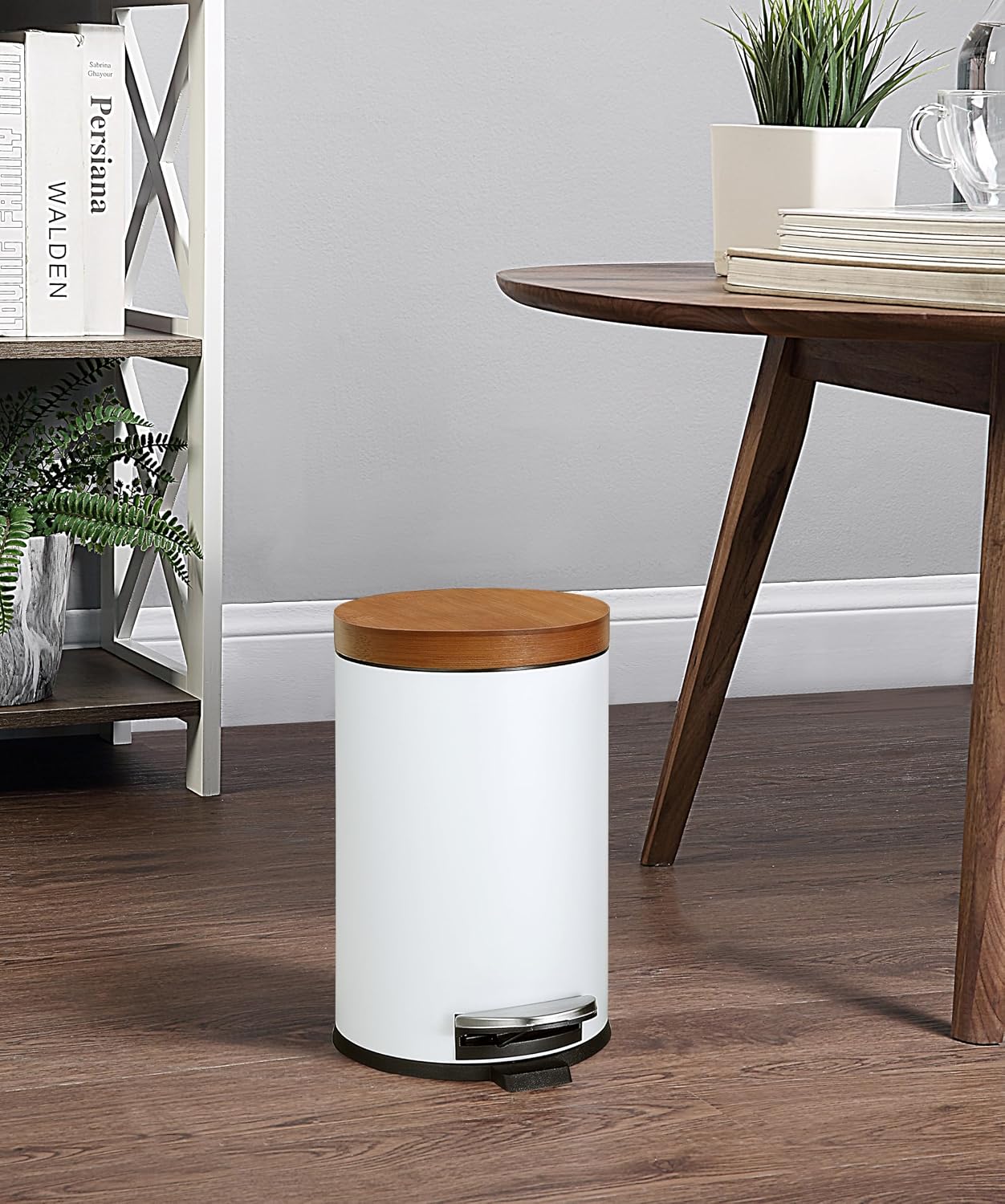 1.2-Gallon Round Step Trash Can with Bamboo Lid and Inner Bucket, White - Image 2